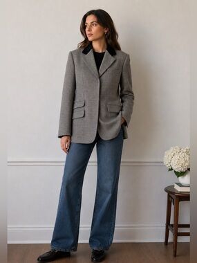 Vintage DKNY Wool Houndstooth Blazer Suede Collar 90s Tailored Jacket 14